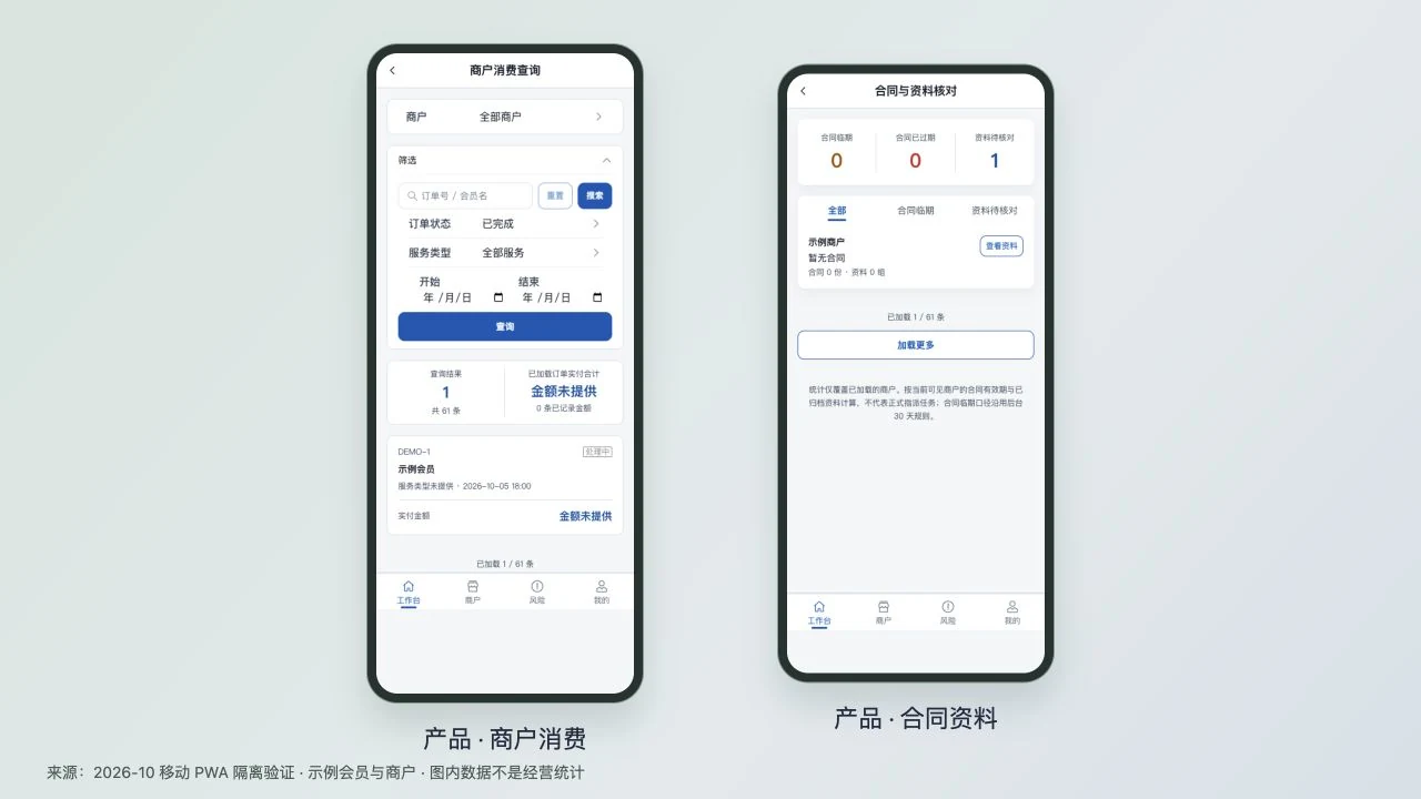 专属管家移动 PWA 商户消费与合同资料核对匿名验证截图